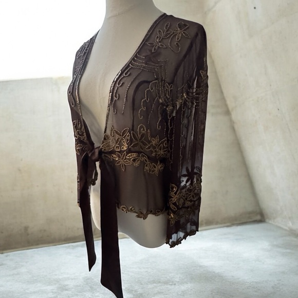 Vintage Marina Silk Sequin Embellished Shrug - Stunning Brown Sheer Jacket! - Picture 5 of 7